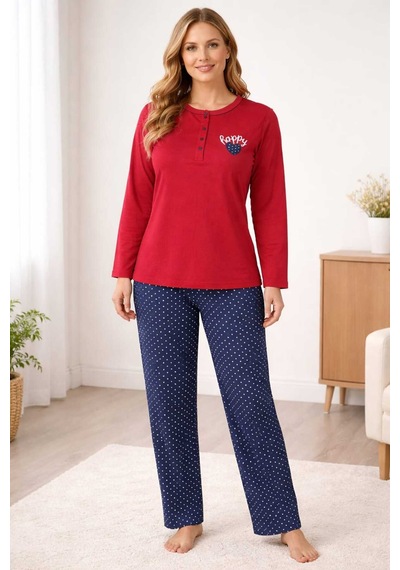 Tenra Geniş Kesim Kadın Pijama Takımı %100 Pamuk Kırmızı