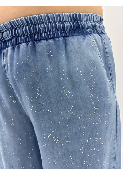Büyük Beden Denim Beli Latikli Taş Baskılı Balon Kesim Kadın Pantolon Mavi