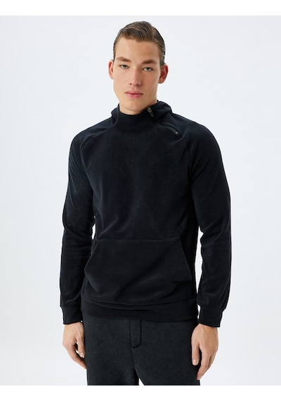 Koton Spor Sweatshirt Boxy Kapşonlu Polar Kalın Kumaşlı Fermuar Detaylı Kanguru Cepli Siyah 5wam70027nk