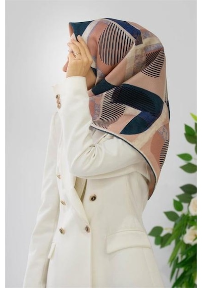 Vissona Tivil İpek Eşarp 51918 - 7 - 0033 - 0005 Lacivert Pudra Çizgi Desen Pembe