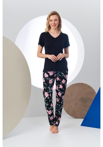 Pjs 24168 Kadın Kısa Kollu V Yaka Desenli Pijama Takım 001