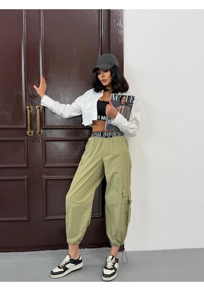 Paraşüt Kumaş Bel Ve Paça Lastik Detaylı Kargo Pantolon Yeşil