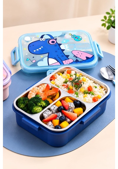 750 Ml Lunchbox Dinazor Desenli Tek Katlı 3 Bölmeli Paslanmaz Çelik Beslenme Kabı- Sefer Tası Mavi