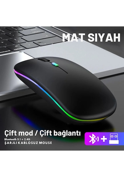 Shopytech Çift Mod Kablosuz Mouse Bluetooth 5.2 + 2.4g Şarjlı Sessiz Tıklama Rgb Işıklı 500 Mah Siy 2.4G Vertical