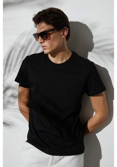 Tudors Unisex Slim Fit Dar Kesim Pamuk Yumuşak Dokulu Siyah Bisiklet Yaka Tişört-31079 2XL
