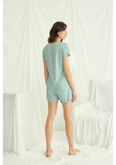 Monamise 18515 Kadın V Yaka Kısa Kollu Şortlu Pijama Takımı-açıkyeşil Açık Yeşil