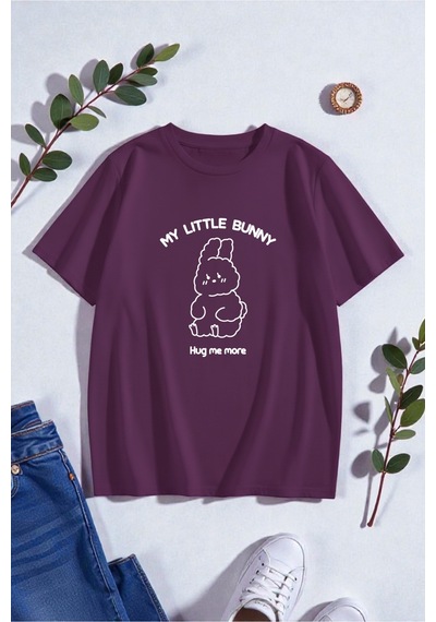Uyguntarz Unisex Bunny Baskılı Tasarım Tshirt Mor
