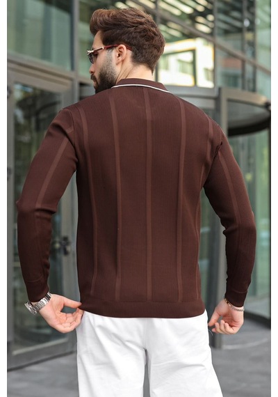 Madmext Kahverengi Polo Yaka Yarım Fermuarlı Fitilli Erkek Triko Kazak E7515