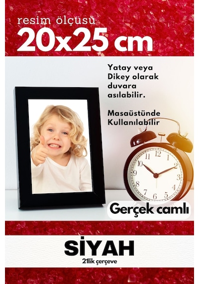 Gerçek Camlı 21lik Düz 20 X 25 Siyah Fotoğraf Resim Çerçevesi Ayaklı Arkalık Veya Duvara Asma