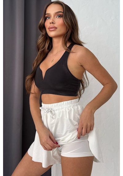 Lesa Wear Yüksel Bel Bol Kesim Etek Görünüm Taytlı Spor Şort Beyaz