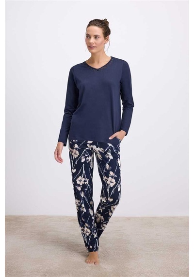 Findit Çiçek Desenli Uzun Kollu T-shirt Ve Pantolon Pijama Takımı Lacivert