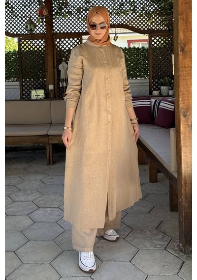 Rabia Şamlı Derin Keten Takım Bej Normal