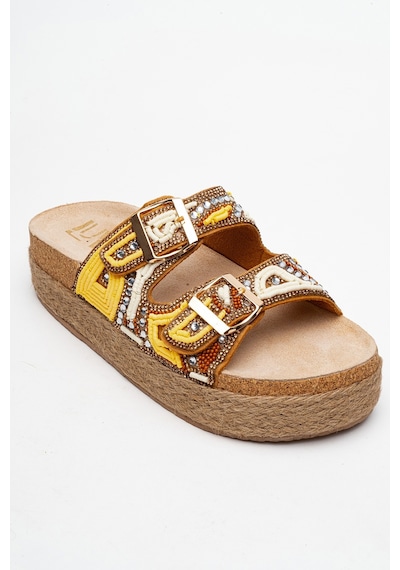 Luvishoes Luvi Shoes Bobby Sarı Taşlı Etnik Desenli Hasır Kalın Mantar Tabanlı Kadın Terlik Sarı Luvishoes Luvi Shoes Bobby Sarı Taşlı Etnik Desenli Hasır Kalın Mantar Tabanlı Kadın Terlik Sarı