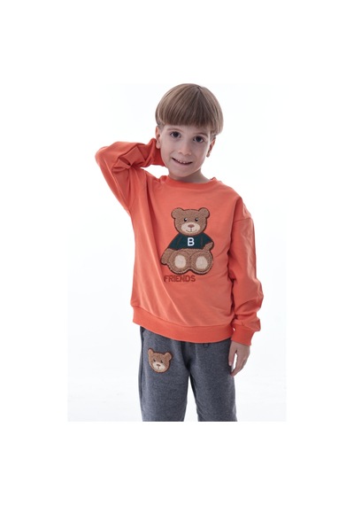 Erkek Çocuk Hayvan Figürlü Turuncu Sweatshirt Ve Gri Eşofman Takımı Yumuşak Kumaş, Rahat Kalıp Takım Turuncu Erkek Çocuk Hayvan Figürlü Turuncu Sweatshirt Ve Gri Eşofman Takımı Yumuşak Kumaş, Rahat Kalıp Takım Turuncu