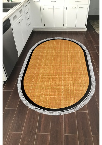 Kaymaz Taban Djt Banyo Mutfak Salon Halı Trend Saçaklı Oval Dokuma Desen E5007 Turuncu Kahve