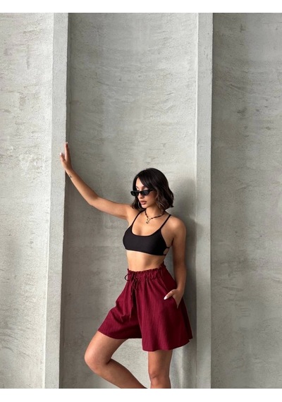 By Mop Volanlı Keten Şort Bordo S255058 Bordo