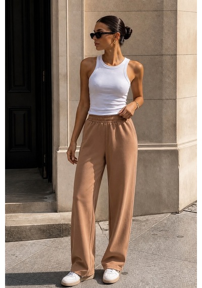Dokuma Camel Geniş Paça Beli Lastikli Basic Uzun Kadın Pantolon Sh191 S