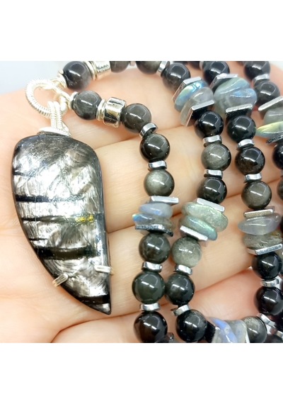 Sibelce 2223 Hypersthene Gümüş Obsidyen Labradorit El Yapımı Kolye Çok Renkli
