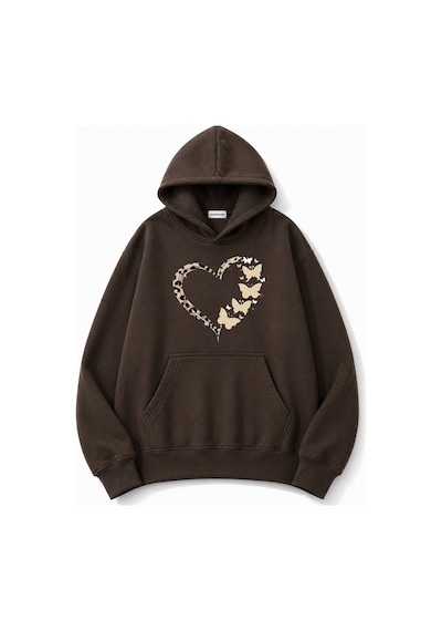 Herkesemoda Leopar Efektli Kalp Baskılı Kapüşonlu 2 İplik Şardonlu Sweatshirt Kahverengi