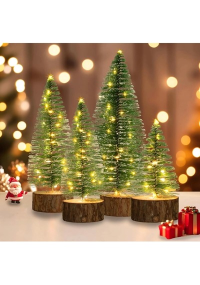 Yenigeldi Işıklı Kar Efektli Işıklı Ağacı Seti 4'lü Mini Çam Ağaçları 25-20-15-10 Cm + Led Işık, Ye Diğer