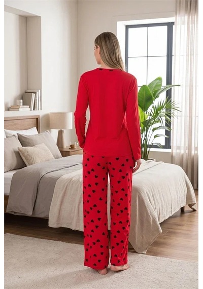 Go İthalat Kadın Şık Tasarım Desenli Geniş Paçalı Yumuşak Dokulu Viskon Kumaş V Yaka 2'li Pijama Takımı Kırmızı