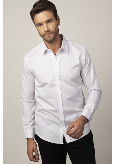 Tudors Modern Slim Fit Pamuklu Kolay Ütü Armürlü Erkek Beyaz Gömlek-25755-beyaz Beyaz