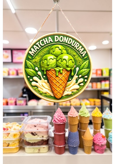 Matcha Dondurma Görselli Ahşap İpli Kapı Duvar Süsü Vegan Cafe Dekoratif Süsü, 30 X 50 Cm