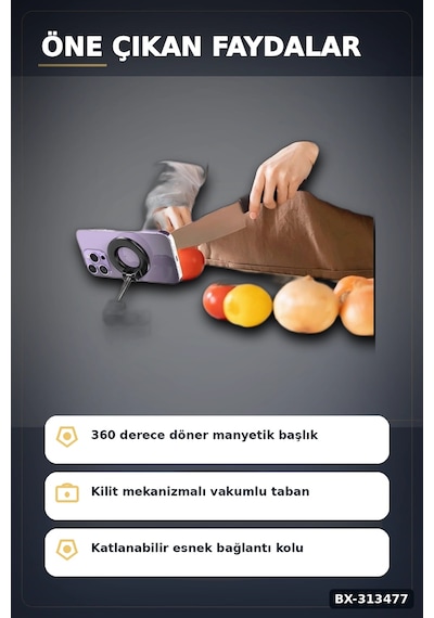 Vakumlu Emişli Manyetik Telefon Tutucu 360 Döner Başlık Güçlü Mıknatıslı İz Bırakmaz Bx-313477