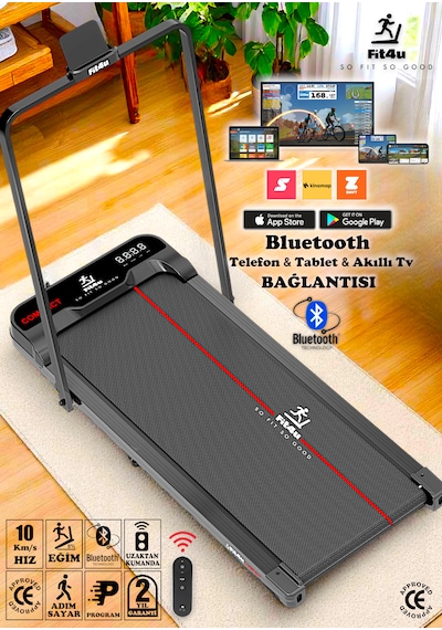 Eğim Ayarlı Tutma Kollu Ce Sertifikalı Kumandalı Adımsayar Program Bluetooth'lu 10km Hız Katlanabilir Koşu Bandı