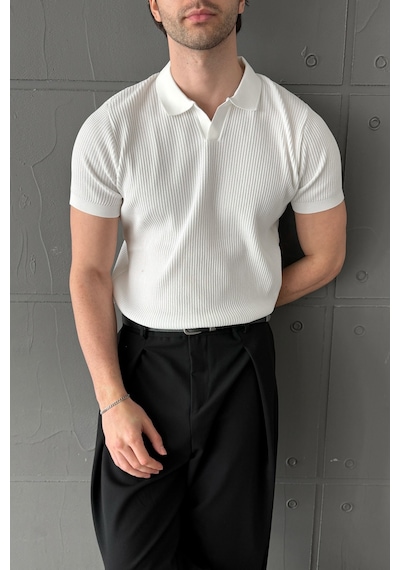 Erkek Petek Desen Polo Yaka Triko T-shirt Beyaz