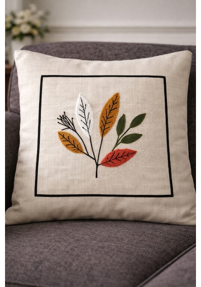 Punch Panç Nakışlı İşlemeli Kırlent Kılıfı 43x43cm Dekoratif Gündelik Kırlent Kılıfı - 1 Adet Çerçeve Çiçek