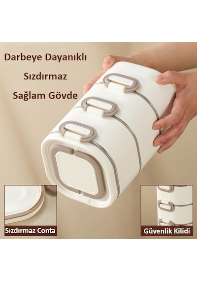 Valkyrie 1950 Ml 3 Katlı Paslanmaz Çelik Yemek Kabı Termal Çantalı, Akıtmaz, Bpa Sız Tek Kap 3 Öğün Krem