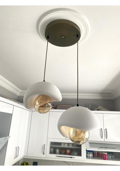 Beton Görünümlü Modern Şık İskandinav Tarz 2 Başlı Avize 25cm Rustik Ampul Hediyeli Nestvibe Eskitme - Gold
