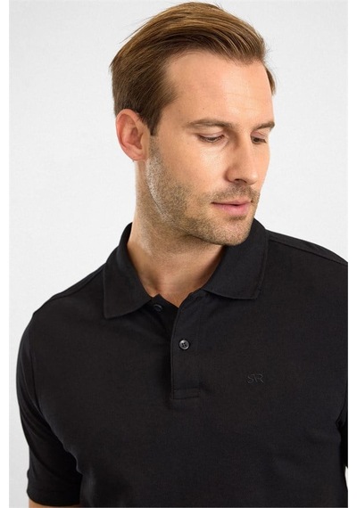 Süvari Siyah Slim Düz Nakışlı Pike Düğmeli Polo Yaka Tişört Ts1014000474-s09