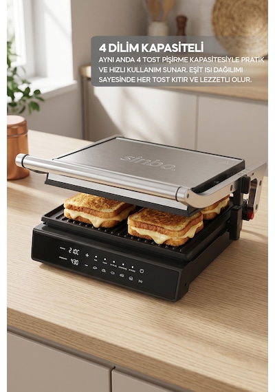 Sinbo SSM-2596 2000 W Dijital Ekranlı Sıcaklık Ve Zaman Göstergeli Döküm Plakalı Izgara Ve Tost Makinesi