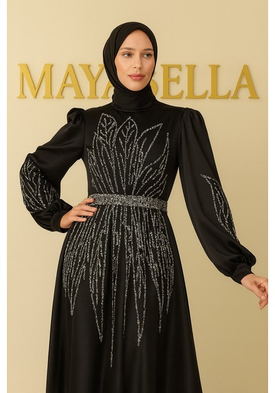 Mayabella Saten Yaprak Desenli Taş Detaylı Tesettür Abiye Siyah