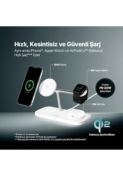 Ttec 2KS37B Aircharger Trio Pro Qi2/Magsafe Özellikli 15W Apple Uyumlu iPhone/Android Özellikli 3’Ü 1 Arada Şarj Standı