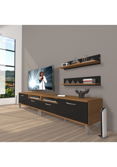 Decoraktiv Eko 200r Mdf Krom Ayaklı Tv Ünitesi Tv Sehpası Ceviz - Siyah