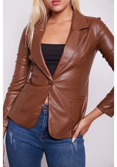 Ekolojik Suni Deri Yakalı Uzun Kol Cepli Blazer Ceket-taba Taba