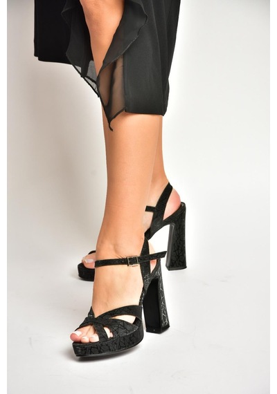 Fox Shoes Y246170214 Siyah Sim Kalın Platform Topuklu Abiye Ayakkabı