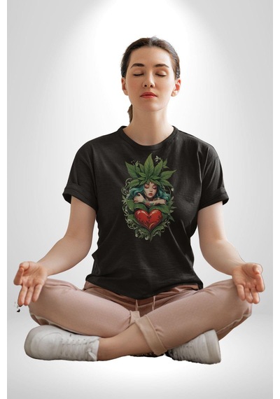 Kalp Parmak Kız Yeşillik Mutluluk Unisex Unisex Siyah Organik Baskılı T-shirt Penye Yüksek Kalite Siyah