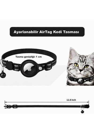 Yacel Ycl Airtag Uyumlu Tutucu Özellikli Kedi Tasması Reflektörlü Ve Zilli Siyah