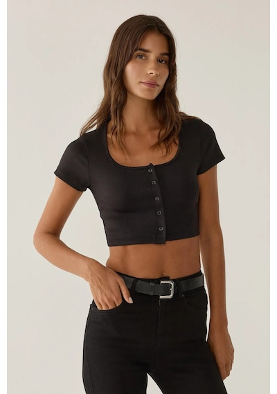 Hiccup Düğmeli Havuz Yaka Crop Top Siyah