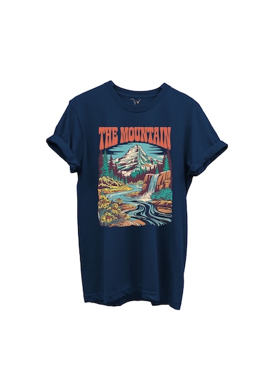 The Mountain Yazılı Dağ Manzarası Ve Şelale Baskılı %100 Pamuk Regular Fit Unisex T-shirt Lacivert