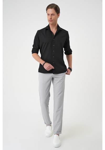 Efor Slim Fit Gofre Kumaş Desenli Kısa Kol Siyah Gömlek G 1592 Siyah