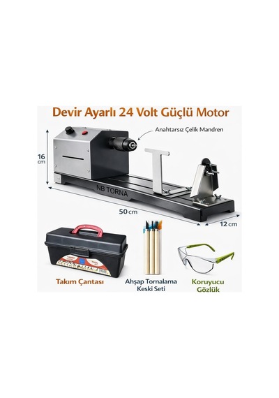 24 Volt Devir Ayarlı Anahtarsız Çelik Mandrenli Hobi Torna Makinesi