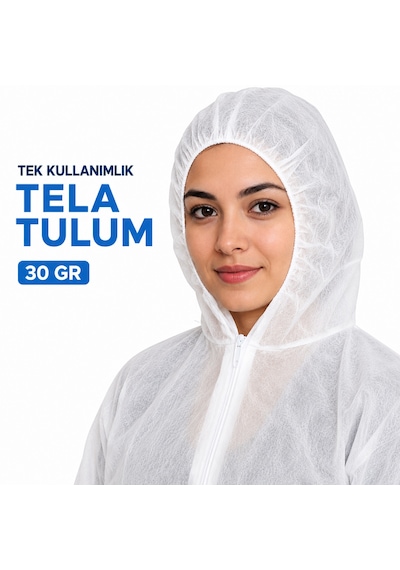 Tek Kullanımlık Tela Tulum 30gr Beyaz Fermuarlı 50 Adet