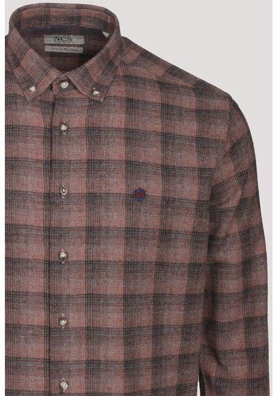 Erkek Gömlek Kiremit Uzun Kol Ekose Kareli Flanel Yün Tuşeli Slim Fit Düğmeli Yaka Shirt Ncs Jeans 7266-kiremit Kiremit