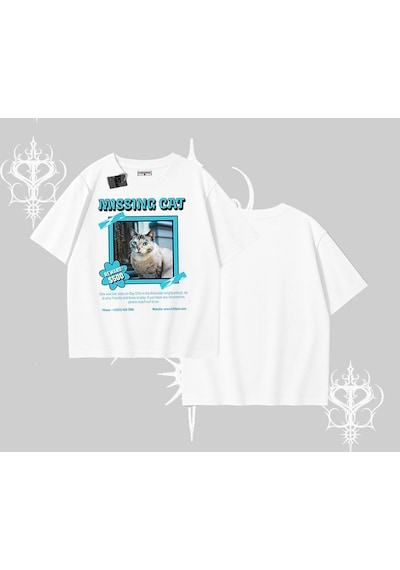 Tarzsokak Missing Cat Baskılı Oversize Tshirt Beyaz