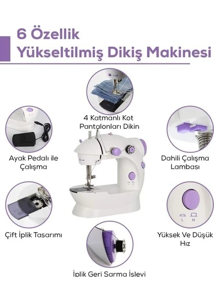 Taşınabilir Mini Dikiş Makinesi Ev Tipi Pedallı Elektrikli Masaüstü Çift Iplikli Pratik Dikiş Makinası Beyaz